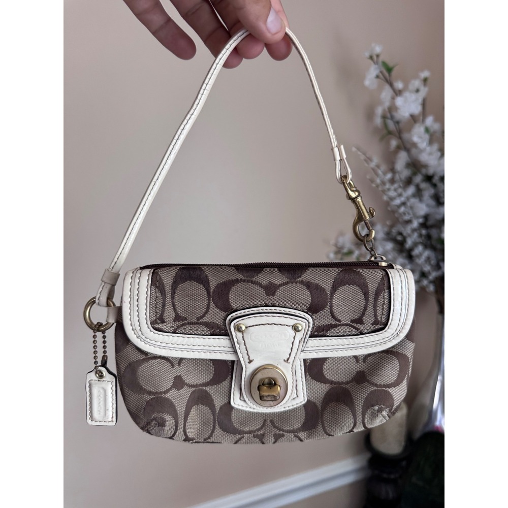 Coach Hamptons Signature Brown White Monogram Wristlet Mini Bag Turnlock